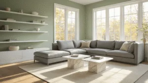 "Modern sunlit living room with gray sectional sofa, sage green wall, marble nesting tables, white built-in shelves, and minimalist decor"