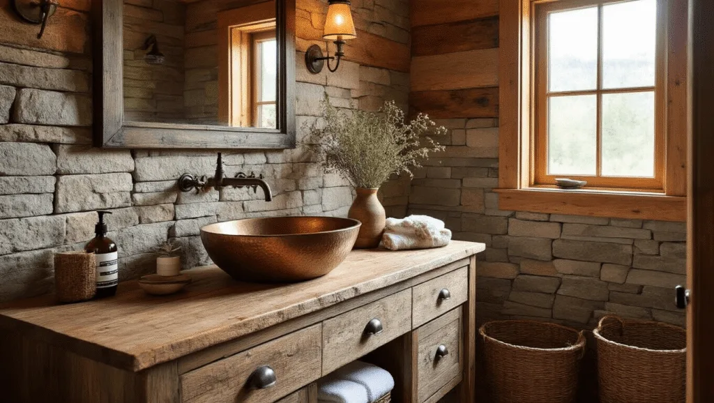 "Rustic cabin bathroom with weathered wood vanity, copper sink, stone wall, vintage mirror, and antique fixtures in warm morning light"