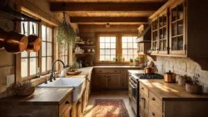 "Rustic cabin kitchen with wooden beams, a farmhouse sink, stone countertops, and glass cabinets, bathed in golden hour sunlight"
