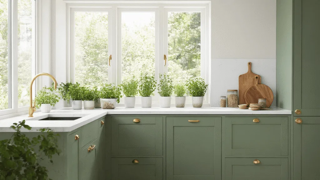"Modern minimalist sage green kitchen with white quartz countertops, brass hardware, wooden cutting boards, and potted herbs, illuminated by natural sunlight streaming through windows"