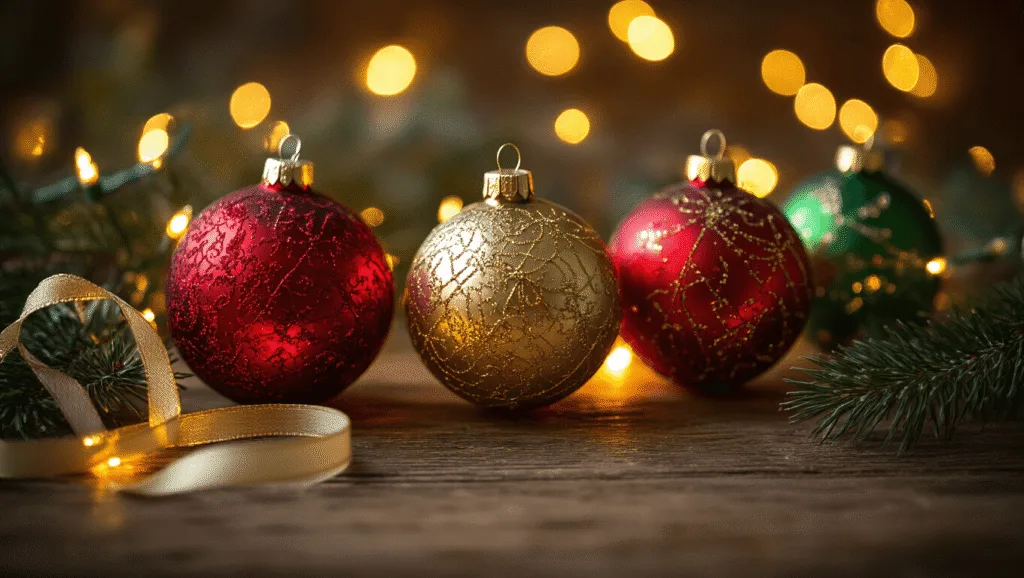 "Vintage glass Christmas ornaments in red, gold, and green on old wood with warm holiday lights and pine needles"