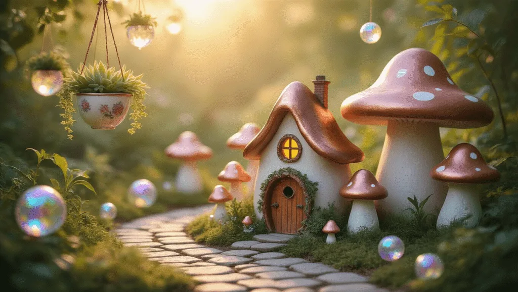 "Fairy house and oversized pastel mushrooms in a dreamy garden at golden hour with hanging teacup planters and glass orbs"